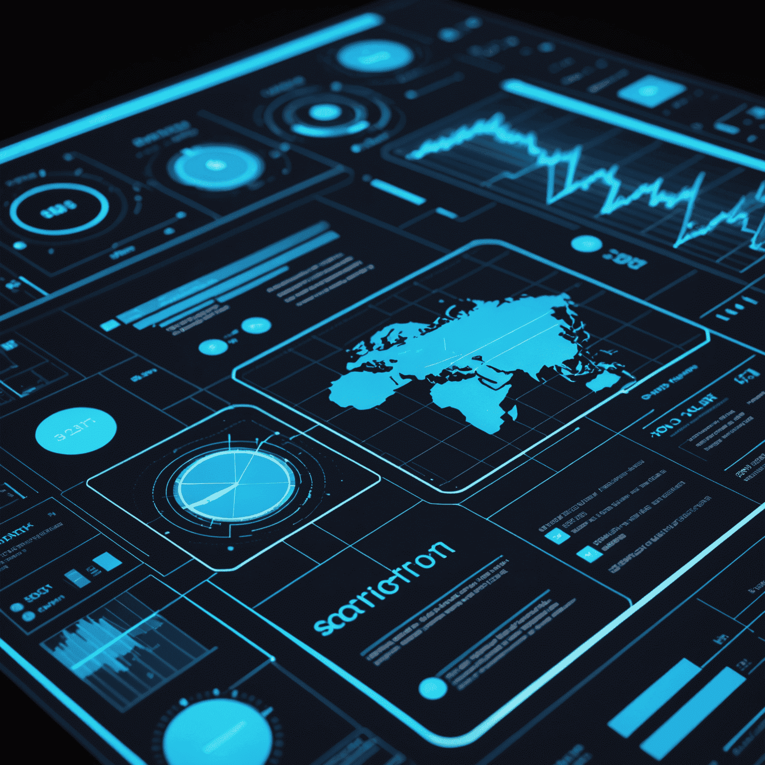 Futuristic visualization of professional services trends, showing holographic charts and graphs with neon blue highlights