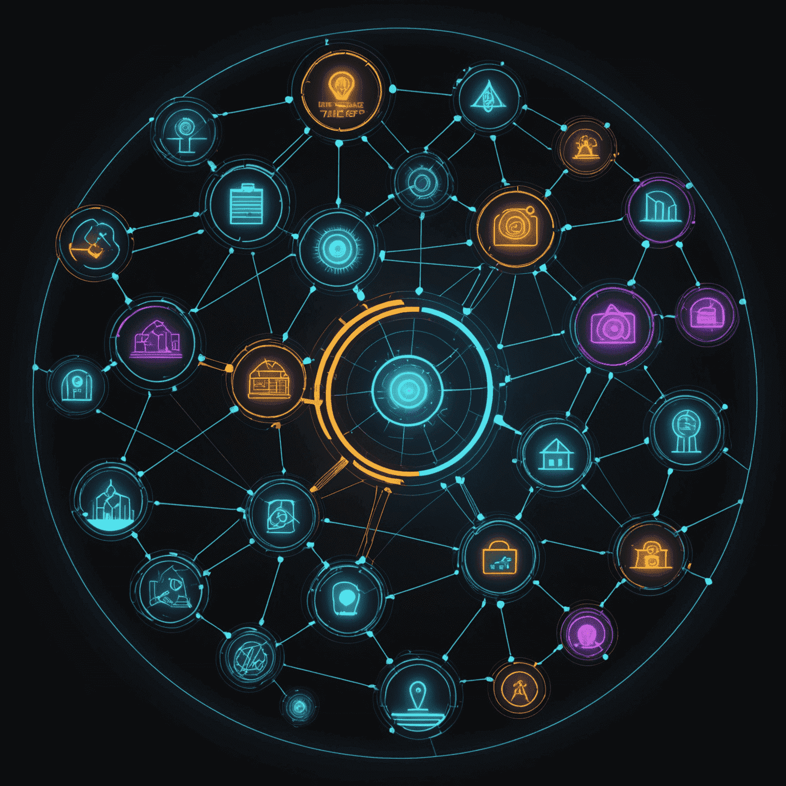 Futuristic visualization of professional services trends, showing interconnected nodes representing different industry sectors glowing with neon colors against a dark background
