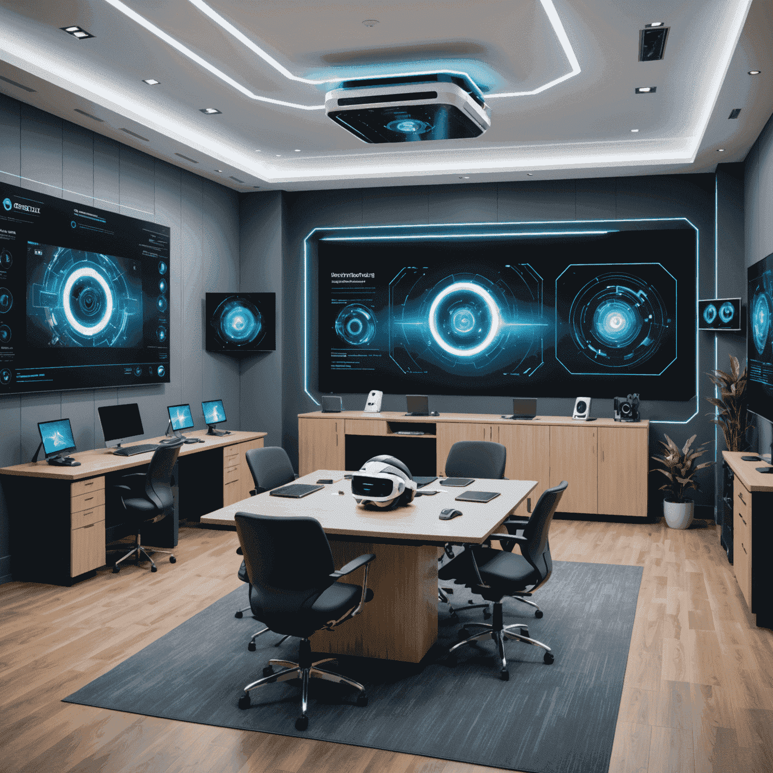 Futuristic training room with holographic displays and VR headsets, showcasing advanced technology in professional development