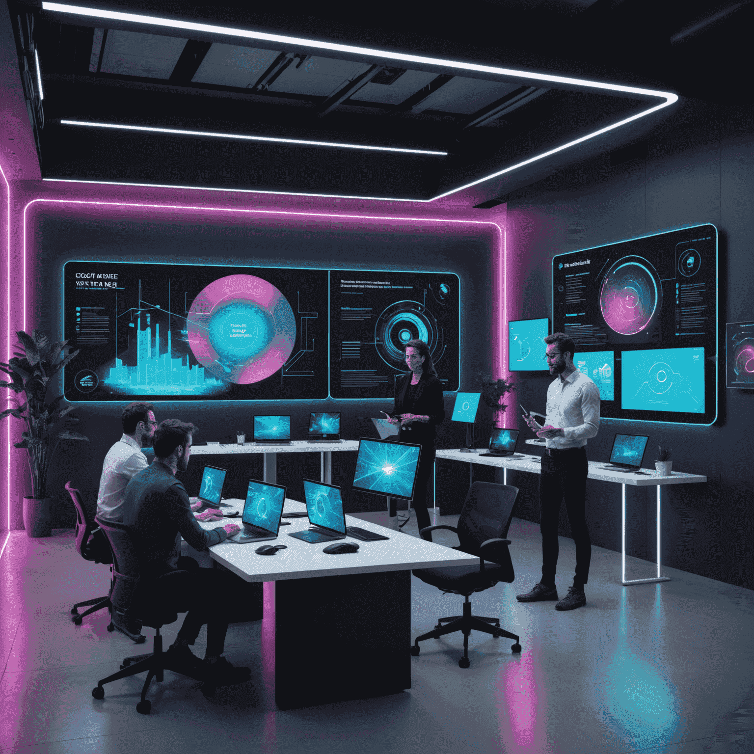 A diverse group of professionals engaged in an interactive workshop, using digital screens and collaborative tools. The room has a futuristic design with neon accents, reflecting the website's aesthetic.
