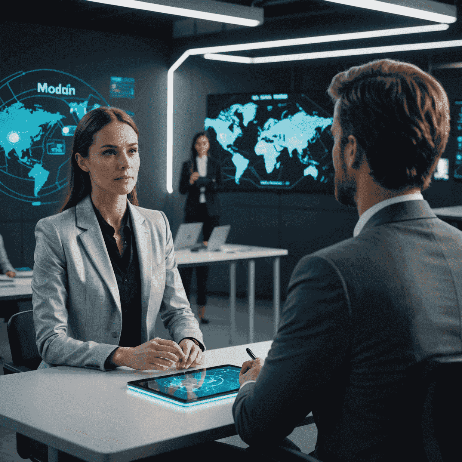 A futuristic classroom setting with holographic displays showing interview techniques. A confident professional is practicing responses while a mentor provides guidance using advanced AI technology.