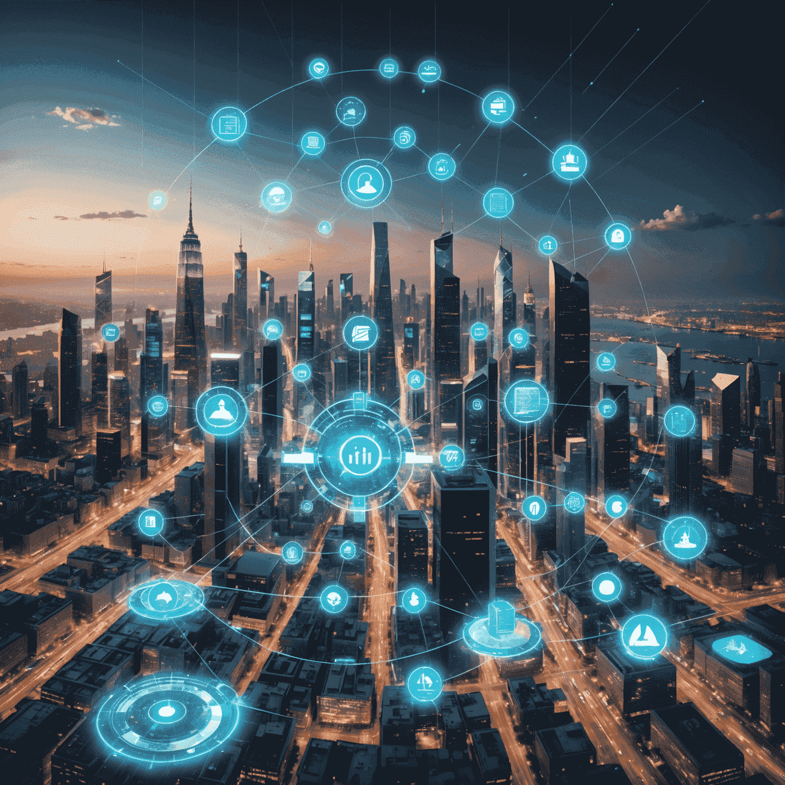 Futuristic cityscape with holographic displays showing various professional services icons and data streams, emphasizing the interconnected and high-tech nature of future professional services
