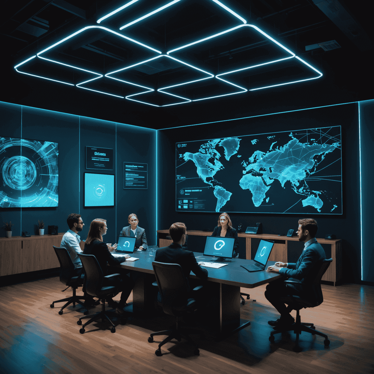 A high-tech conference room with multiple interactive screens, where a diverse group of professionals are participating in a collaborative workshop. Neon light trails connect their ideas on a central holographic display.