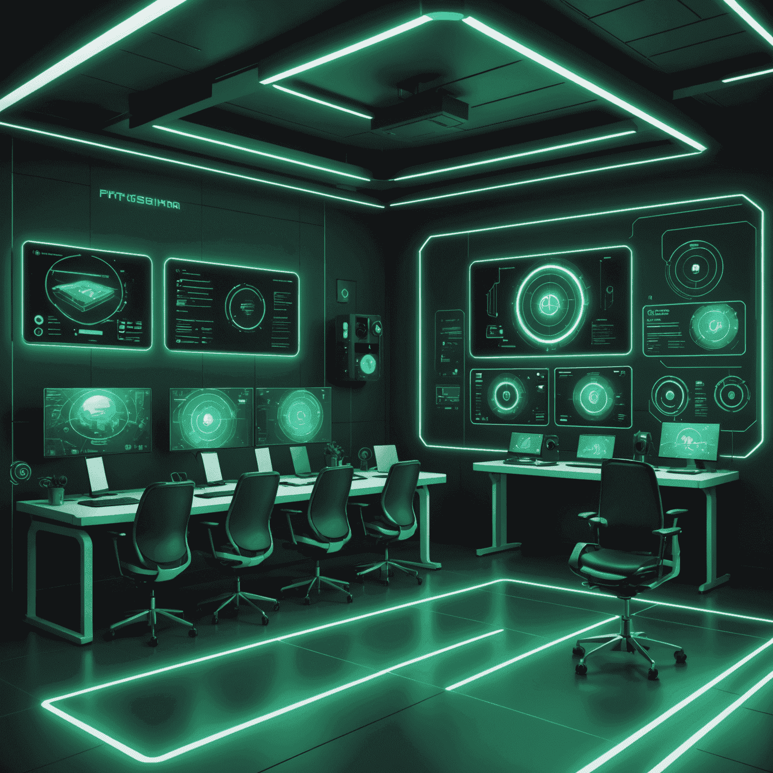 Futuristic training room with holographic displays and AI assistants, highlighted in neon green