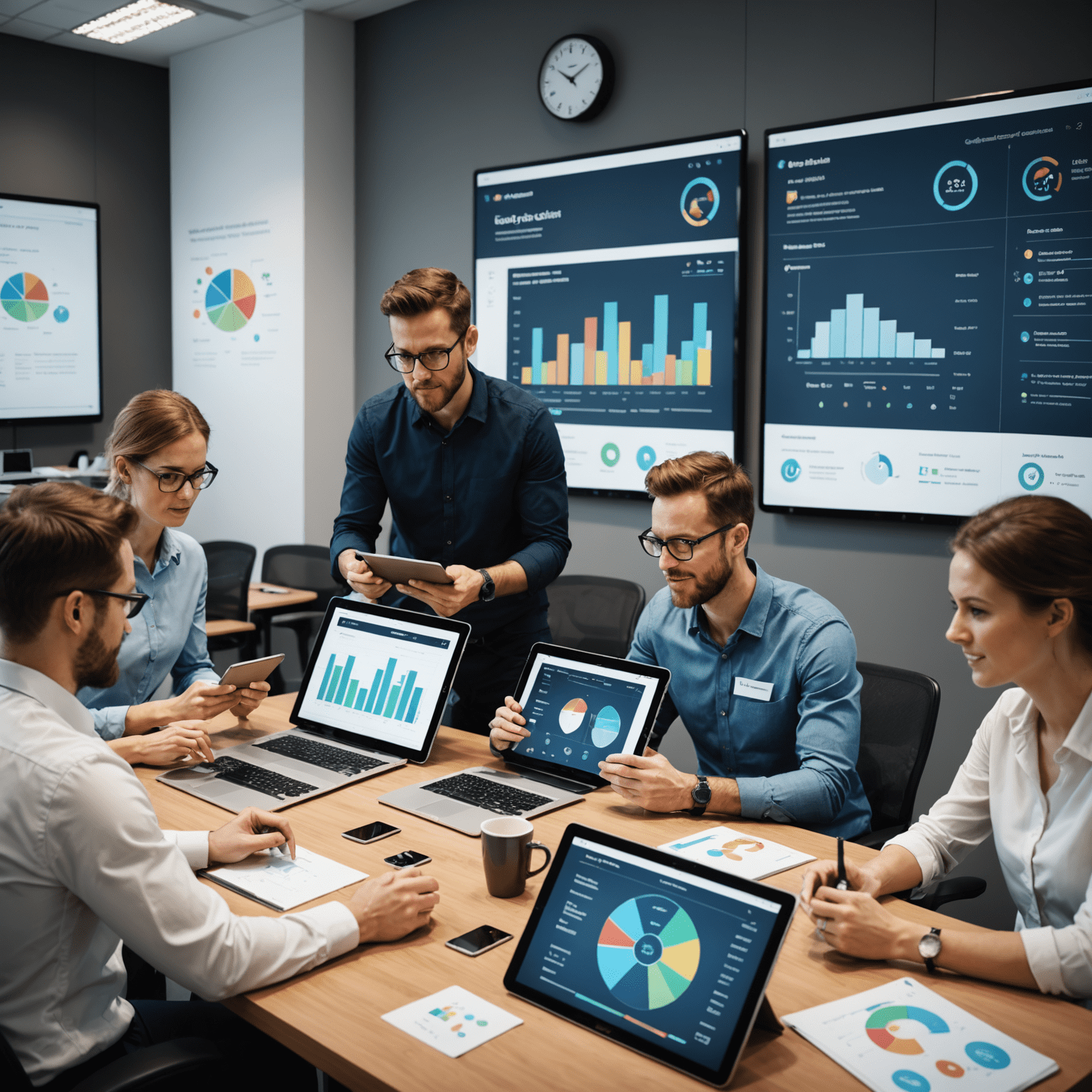 Group of professionals engaged in a gamified training session, using tablets and large interactive screens displaying progress charts and achievement badges