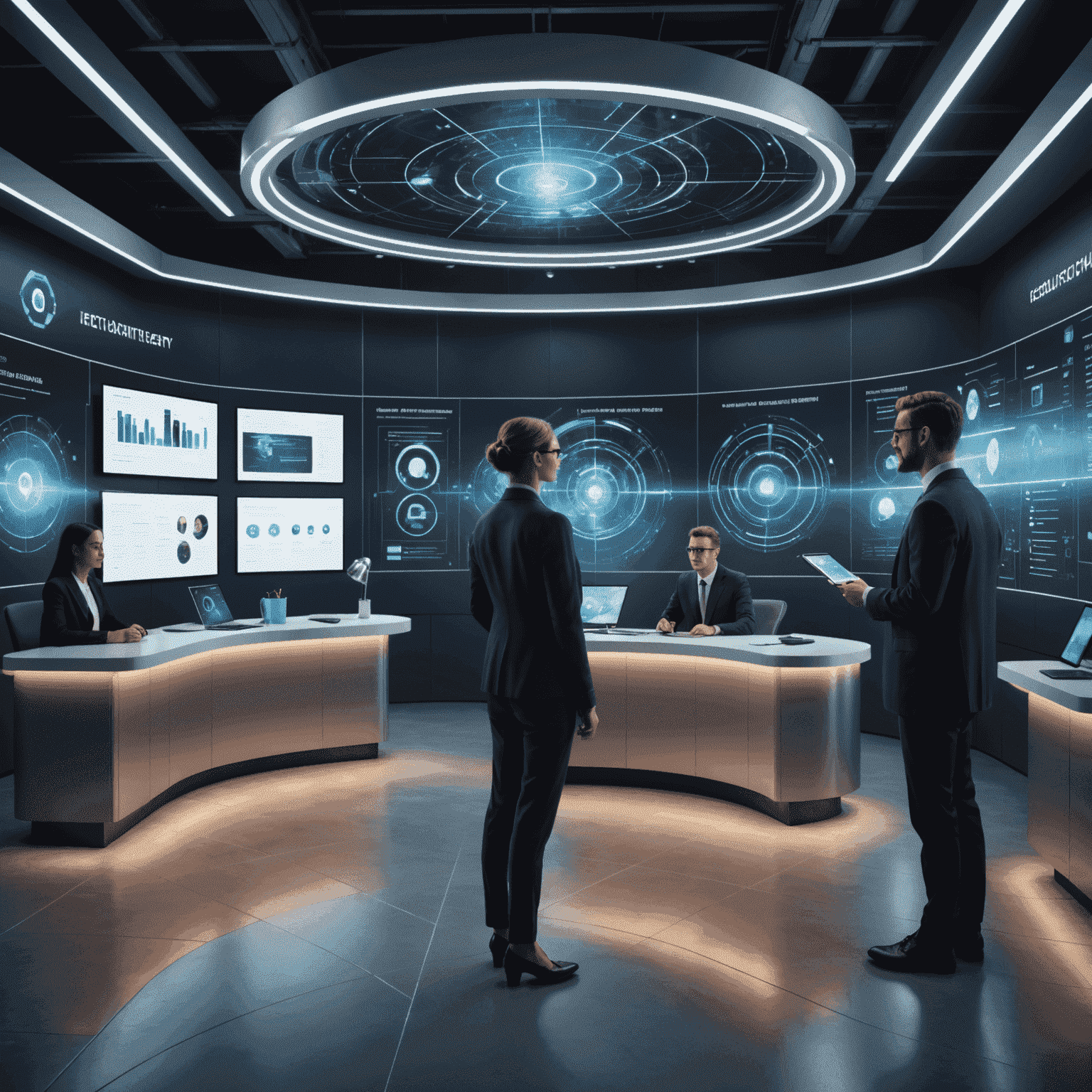 A futuristic assessment center with floating screens displaying various career paths, skill matrices, and personality profiles. A person is interacting with a holographic career counselor.