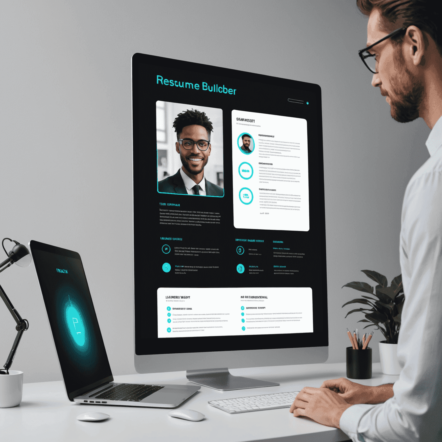 A sleek, minimalist workspace with a holographic display showing an interactive resume builder. Neon highlights emphasize key sections of the resume as a person gestures to edit and refine their professional profile.