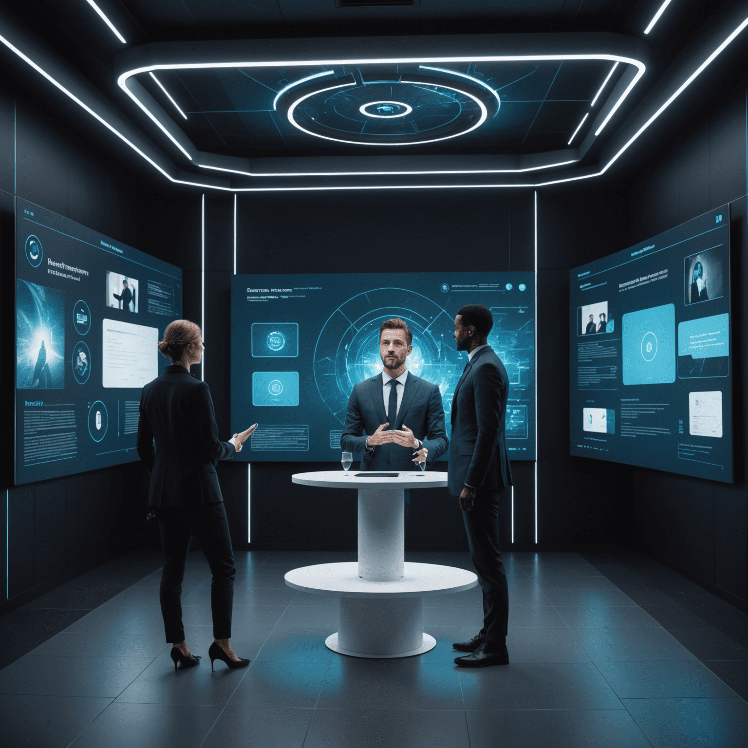 A futuristic interview simulation room with a virtual interviewer projected as a hologram. The interviewee is surrounded by floating screens displaying real-time feedback and coaching tips.